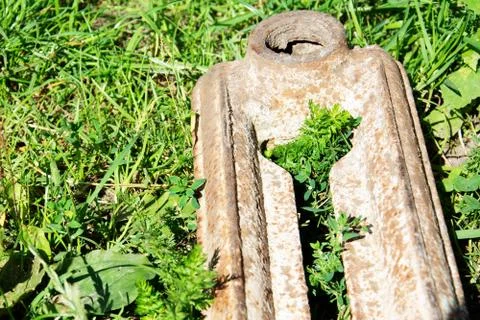 Old rusty piece of iron on the background of green grass Foto stock