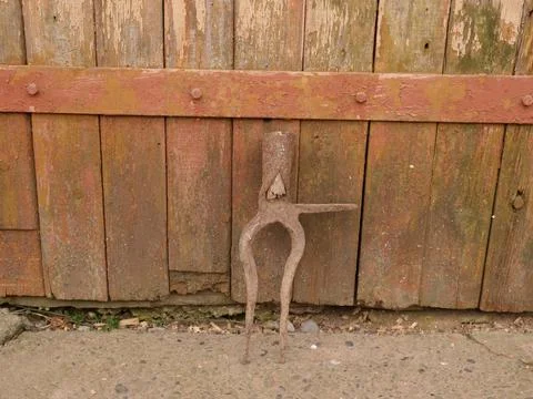 Old rusty pitchfork head without handle by wooden door. Rural farming tool fr Photos