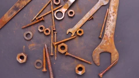 Old rusty repair tools rotating on black background Video stock 250098781