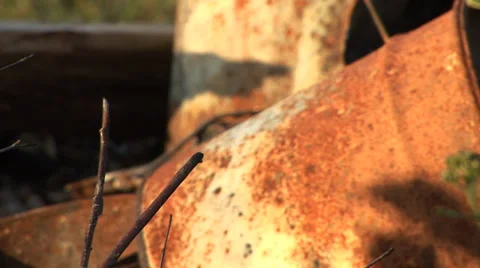 Old Rusty Rusted Barrels Oil Drums Rack Focus Stock Footage 34304251