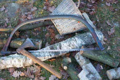 An old rusty saw and axe Stock Photos