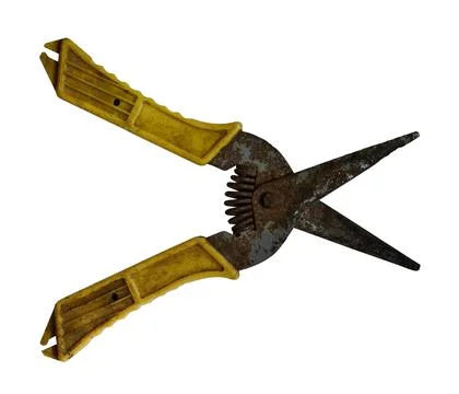 Old rusty scissors spring lie on a white background Stock Photos