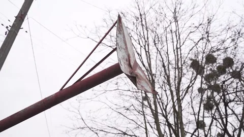 An old rusty shield without a basket on an abandoned sports field. Stock Footage 206059047