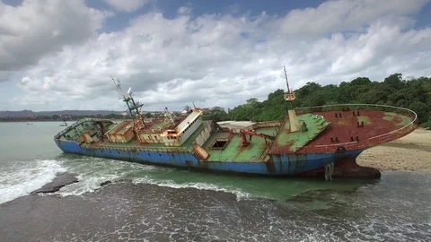 Old Rusty Ship, Abandonment, Destruction At The Beach Video stock 75886480
