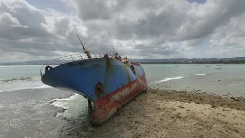 Old Rusty Ship, Abandonment, Destruction At The Beach Stock Footage 75888955