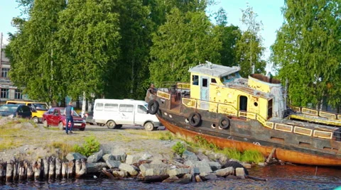 Old Rusty Ship on a River Bank Stock Footage 58274620