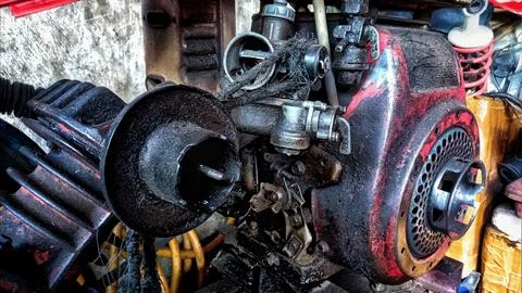 Old rusty small diesel engine machine covered in oil grime Stock Photos