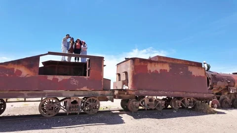 Old Rusty Steam Locomotive at the Train Cemetery in Uyuni, Bolivia Stock Footage 332378053