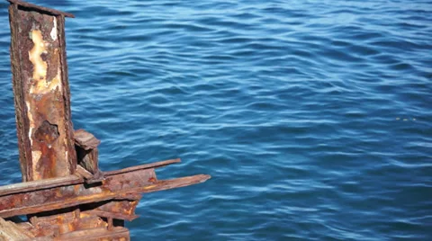Old Rusty Steel Structure Against Ocean Dolly Stock Footage 32850611