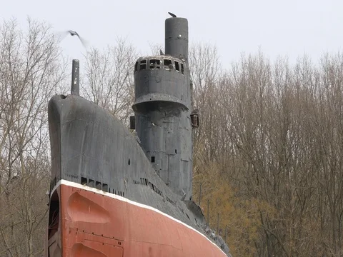 Old rusty submarine and flock of birds flying over the deck. Close up shot Stock Footage 75535049
