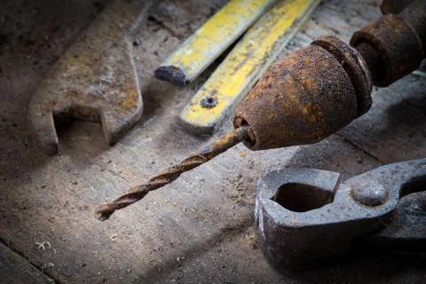 Old rusty tools in the workshop Stock Photos