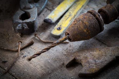 Old rusty tools in the workshop Stock Photos