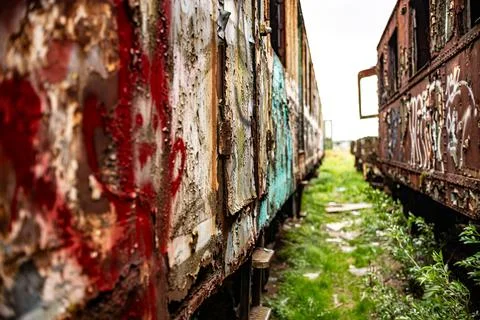 Old rusty train wagon background with shallow depth of field 스톡 사진