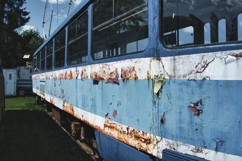 Old Rusty Tram with Peeling Paint  Abandoned Urban Transport Stock Photos