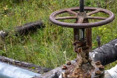 Old rusty valve close up on greenery background. Stock Photos