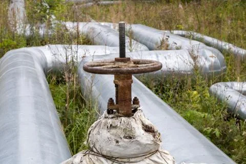 Old rusty valve close up on greenery background. Stock Photos