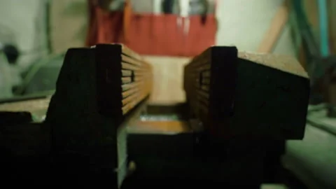 Old rusty vise on workbench in the obsolete metal rust, macro dolly shot Stock Footage 134653108