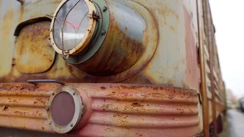 Old rusty wagon of train outdoors, close-up rotating shot, museum of ancient Stock Footage 98404282