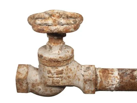 Old rusty water tap isolated on white background. Foto stock