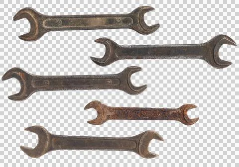 Old rusty wrenches, set spanners isolated on a transparent background Stock Photos
