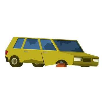 Old rusty yellow car missing its wheels and parked on bricks, illustrating po Stock Illustration