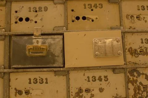 Old safe deposit boxes in the old vault of the Central Bank of Barcelona. Stock Photos