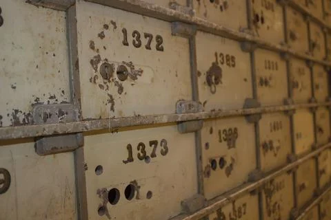 Old safe deposit boxes in the old vault of the Central Bank of Barcelona Stock Photos