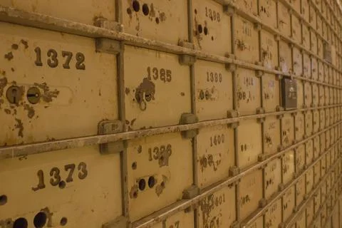 Old safe deposit boxes in the old vault of the Central Bank of Barcelona Stock Photos