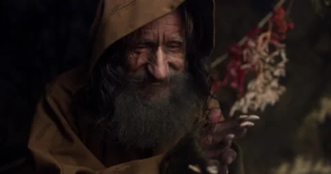 Old sage warms up rubbing palms in dark cold cave at night Vídeo Stock 168808428