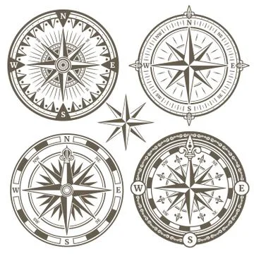 Old sailing marine navigation compass, wind rose vector icons Illustrazione stock