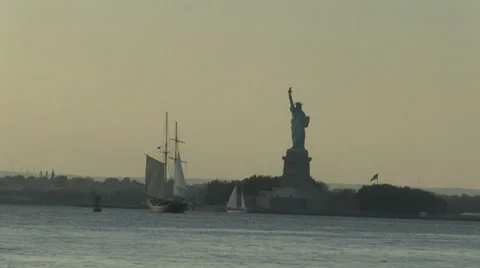 Old sailing ship and Statue of Liberty Stock Footage 31741934