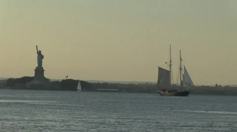 Old Sailing ship and statue of Liberty. Stock Footage 31742033