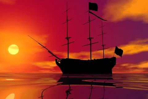 Old sailing ship and sunset, 3d graphics Stock Illustration