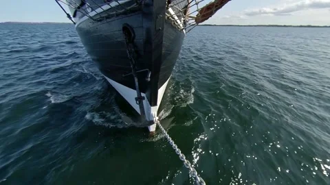 Old Sailing Ship with Bow Wave and Anchor in Summer - Front View Stock Footage 192918503