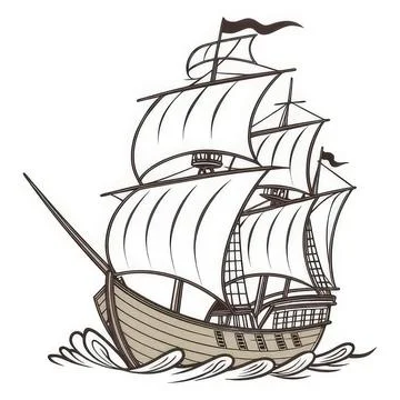 Old sailing ship with large sails on the ocean Stock Illustration