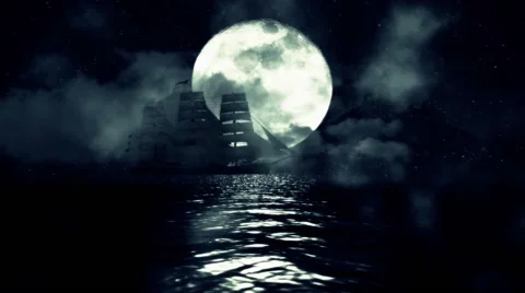 An Old Sailing ship in the Middle of a Night in the Ocean on a Full Moon  Stock Footage 59966256