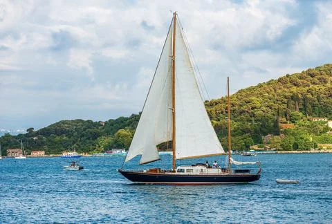 Old Sailing Ship in motion in front of Porto Venere - Liguria Italy Stock Photos