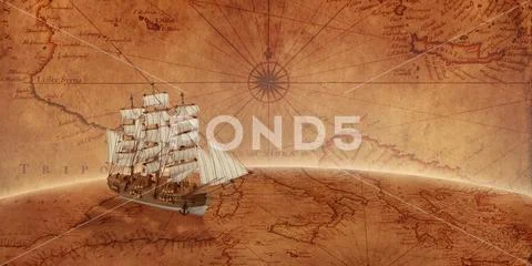 Old sailing ship on an old world map. Concept of sea adventure expedition. Stock Photos