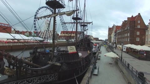 Old sailing ship on the river in Gdansk //4K AERIAL FOOTAGE// Stock Footage 61754949