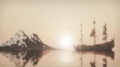 Old sailing ship sunset bright sun beautiful landscape with a sailboat Stock Illustration