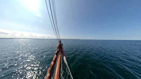 Old sailing ship with view over jib boom to the front Video stock 279482525