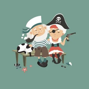 Old sailor sitting on bench with his beloved pirate Stock Illustration