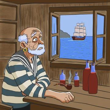 Old sailor watching ship through open window in tavern interior illustration Stock Illustration