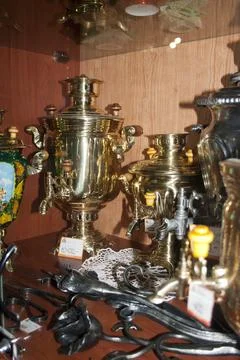Old samovar in the store Stock Photos