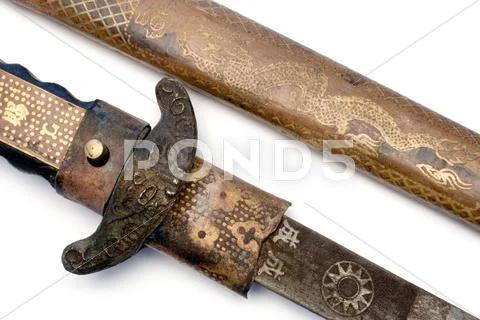 Old Samurai Sword Isolated on a White Background Stock Photos