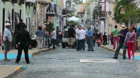 Old San Juan city cobblestone street people HD 0584 Stock Footage 34653203