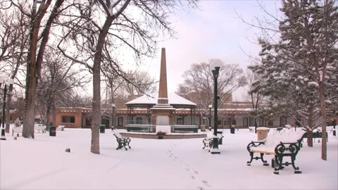 Old Santa Fe Square after snow - subtle snowflakes Stock Footage 226251568