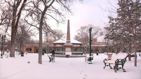 Old Santa Fe Square Man walking in Snow Stock Footage 226252238