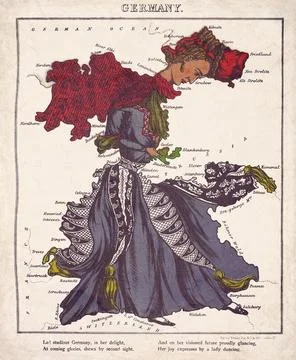 Old Satirical Map of Germany Dancing Lady Geographical Fun 1868 Иллюстрация