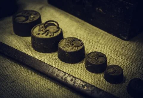 Old scale weights Stock Photos